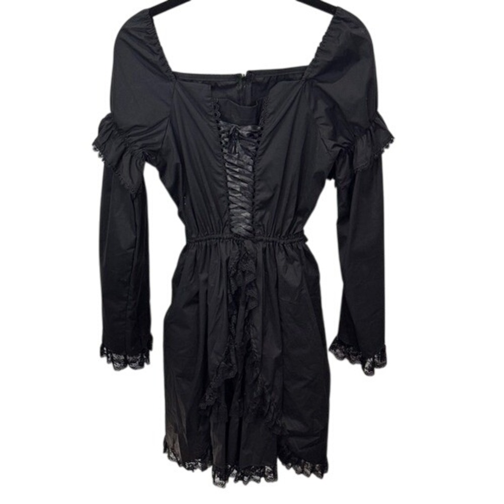 Lace Trim Corset Black Dress Long Sleeve Square Neck Mini‎ Party Cocktail